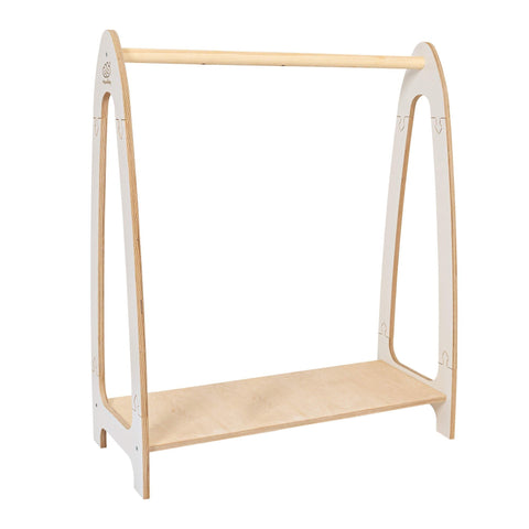 1. White wooden arched clothing rack for children with a natural finish shelf, shown in a studio setting