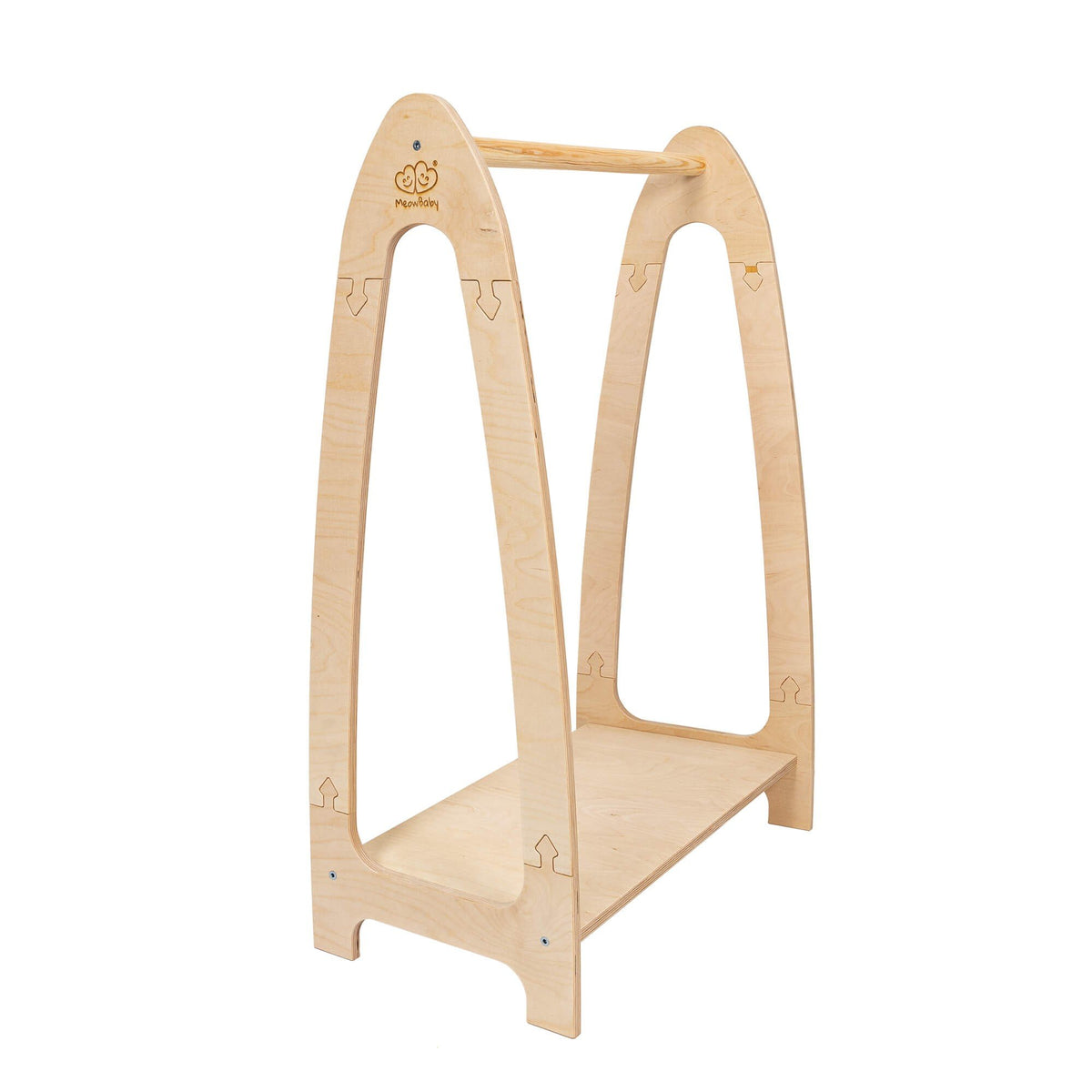 2. MeowBaby arched clothing rack for children in natural wood with shelf, studio setting