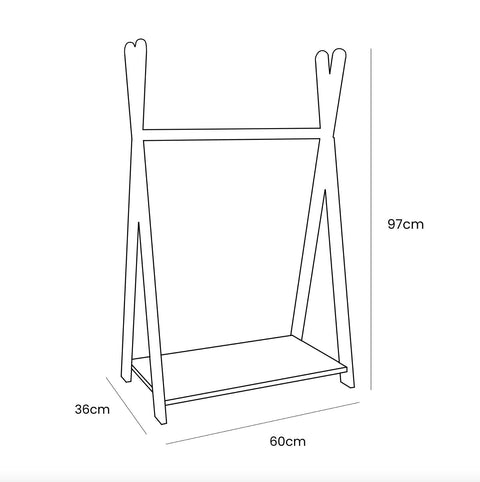 5. Size chart for MeowBaby Tipi clothing rack showing dimensions 97cm height, 60cm width, 36cm depth