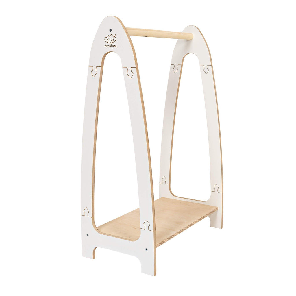 2. MeowBaby white arched clothing rack for children with wooden shelf in studio setting