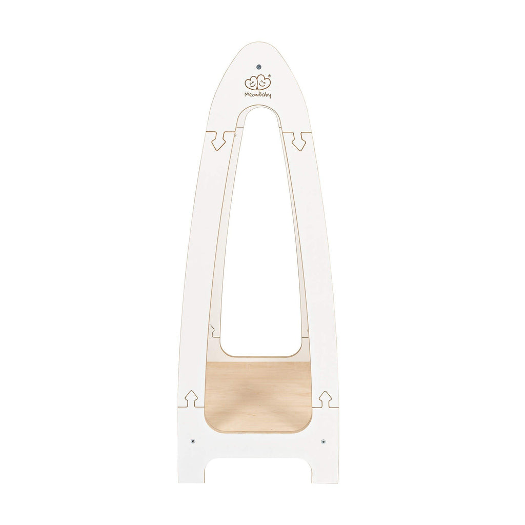 2. Front view of MeowBaby white arched clothing rack with wooden shelf