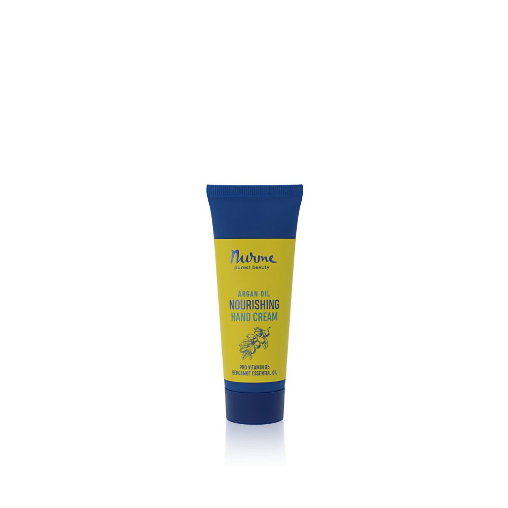4. Studio shot of Nurme argan oil nourishing hand cream in blue and yellow packaging