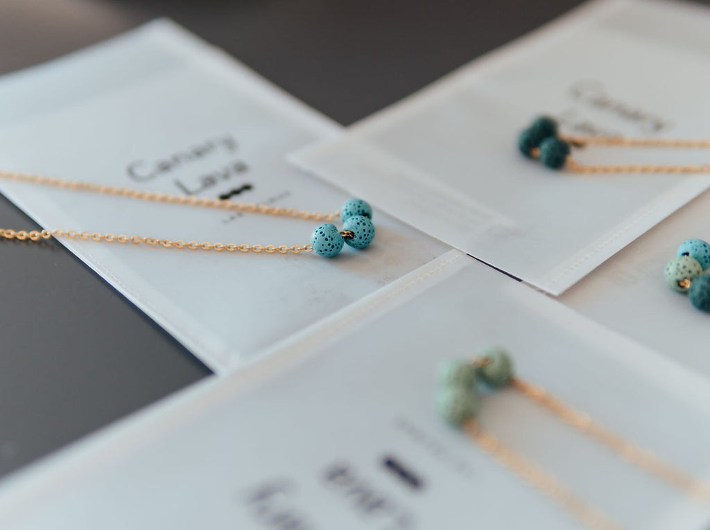 7. Aroma diffuser necklace with mixed color lava beads on silver chain, shown on packaging