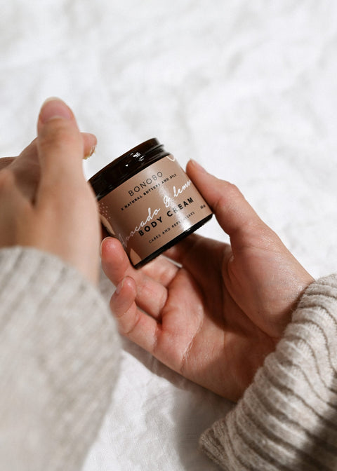 5. Assorted BONOBO body creams including Avocado and Lemon variant, displayed in a row