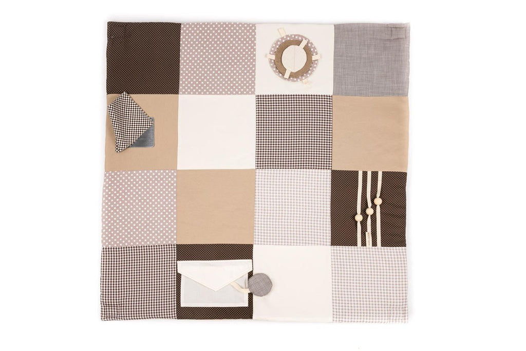 2. Karloova brown activity mat with removable arches and hanging toys on white background