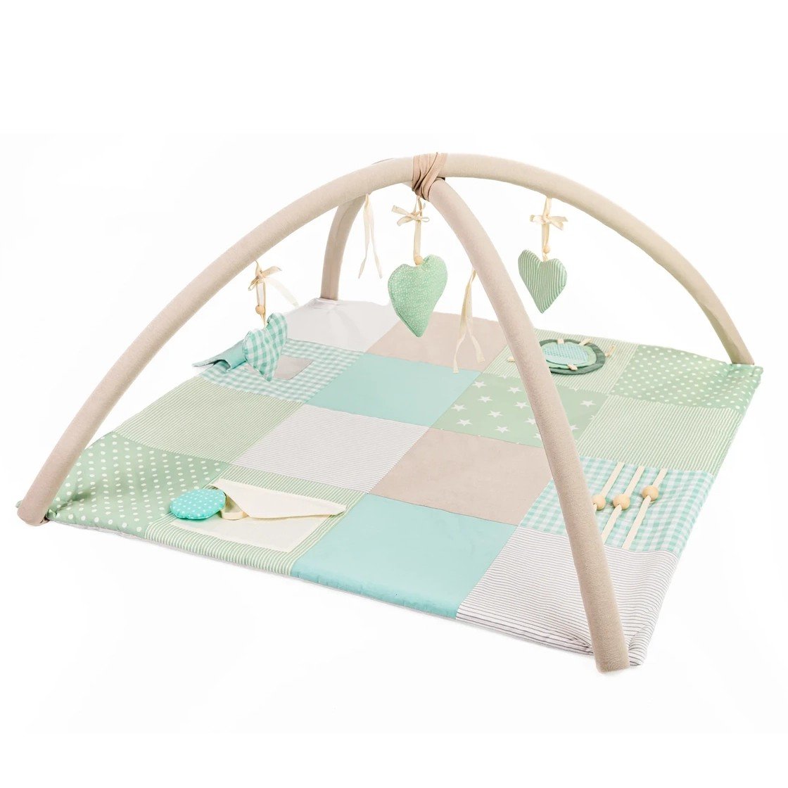 1. Mint green baby activity mat with removable arches and hanging toys in a modern home setting