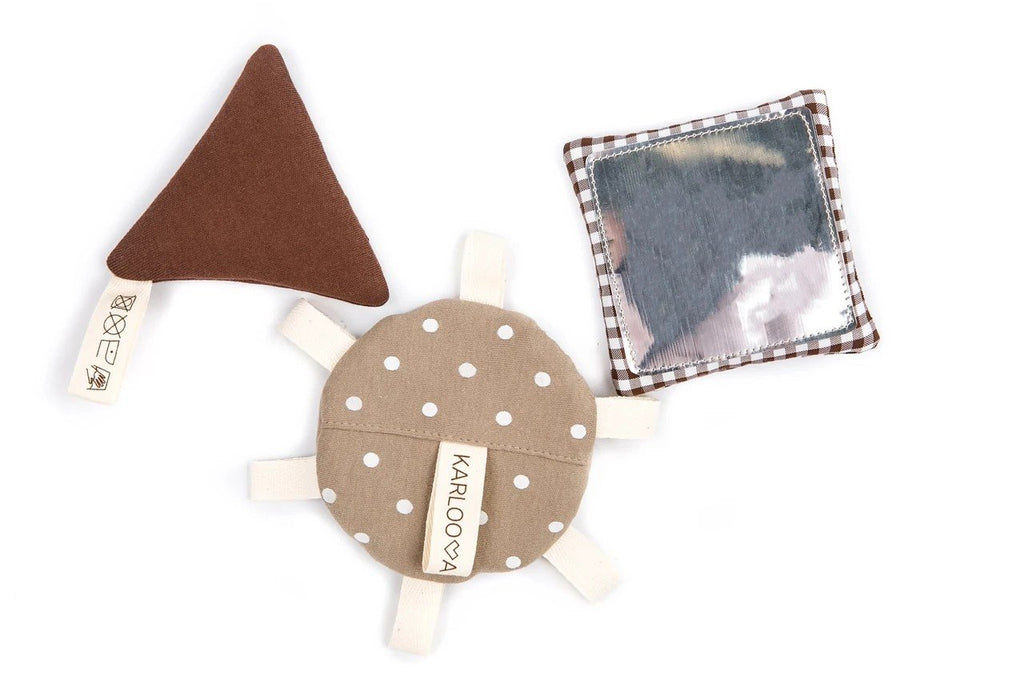 10. Set of three brown and beige toys with Karloova branding