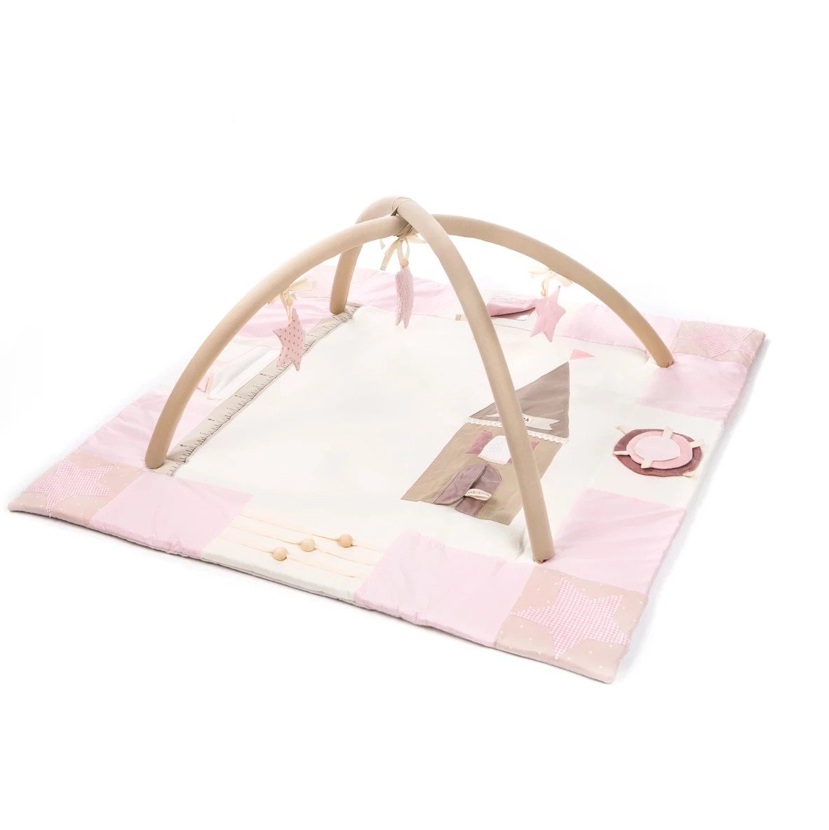 1. Pink baby activity mat with wooden arches and hanging toys on a white background