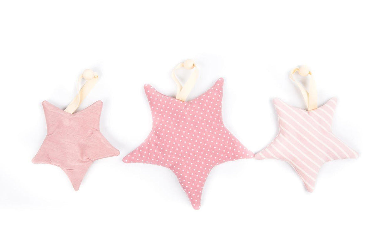 3. Three pink star-shaped toys with different patterns for baby activity mat