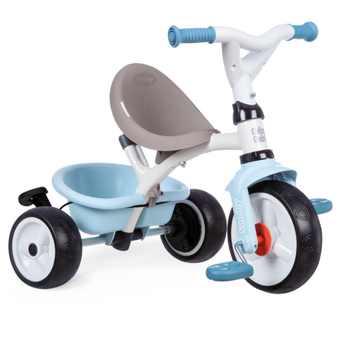 2. Blue Smoby Baby Balade Plus tricycle with white frame and grey seat in studio setting