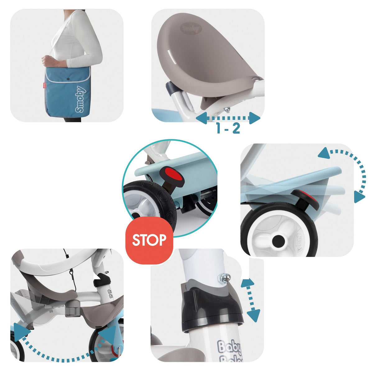 3. Close-up details of Smoby Baby Balade Plus tricycle features including seat and brake