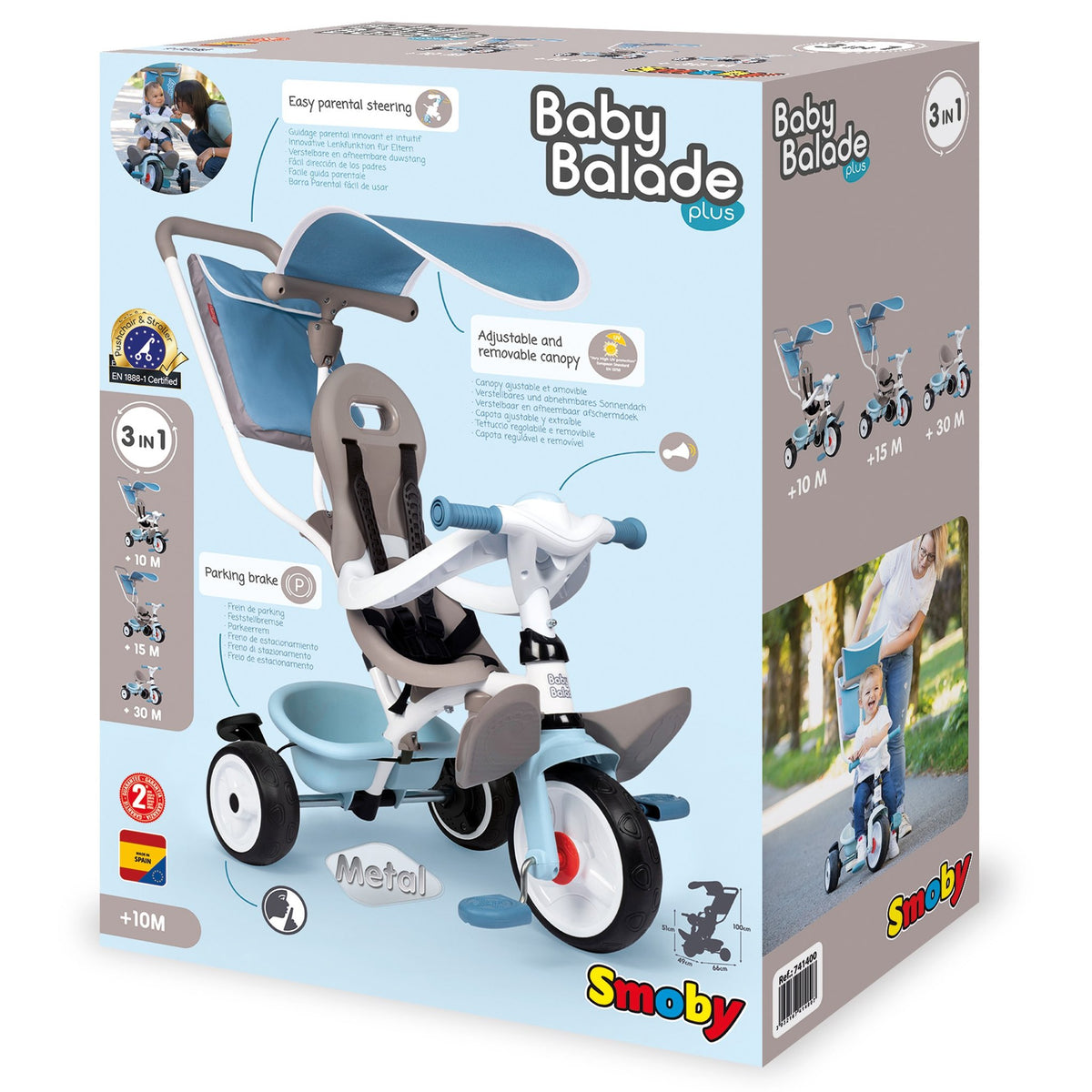 4. Packaging of Smoby Baby Balade Plus tricycle showing features and images