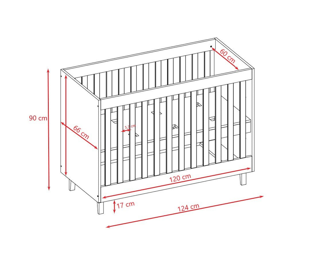 5. Size chart for Kubi baby cot showing dimensions in centimeters