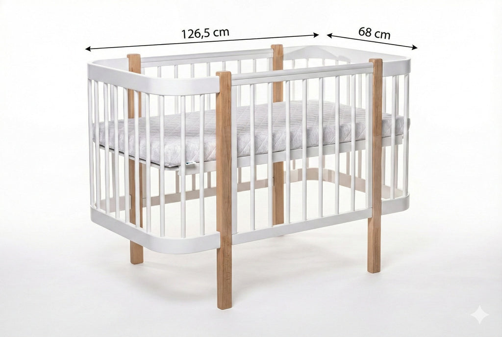 5. Size chart for KOTTO ELIN baby crib showing external dimensions 126.5 cm by 68 cm
