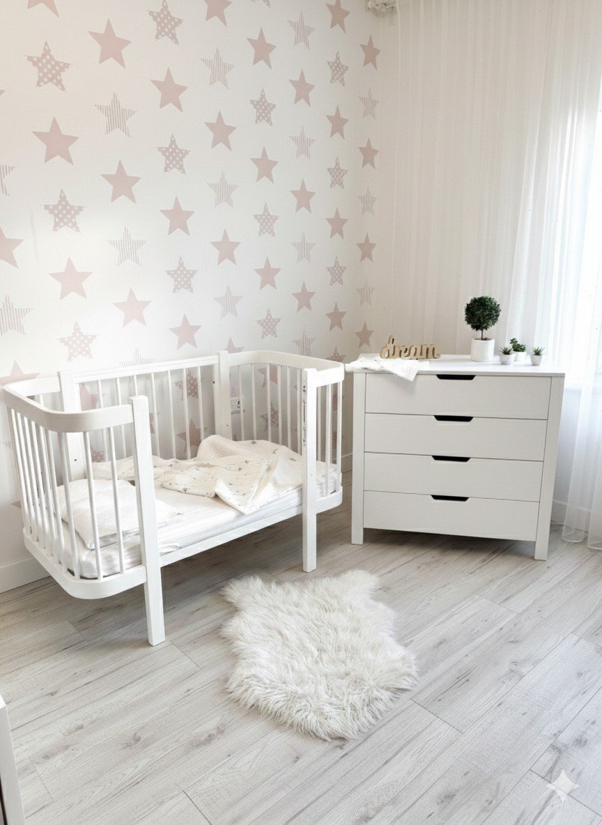 1. White KOTTO ELIN baby crib with mattress in nursery setting, next to white dresser and star-patterned wallpaper