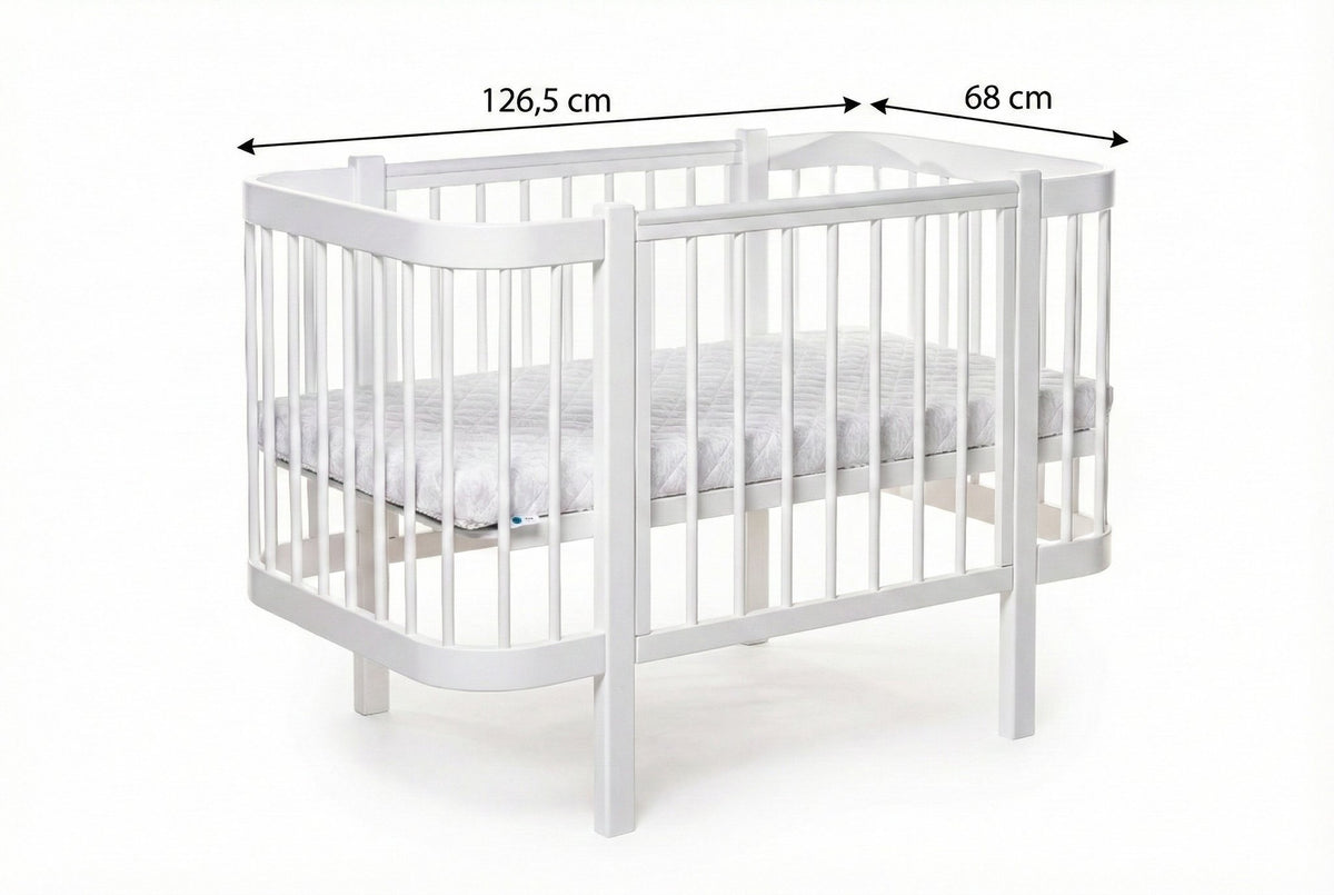 5. Size chart for KOTTO ELIN baby crib showing external dimensions 126.5 cm by 68 cm