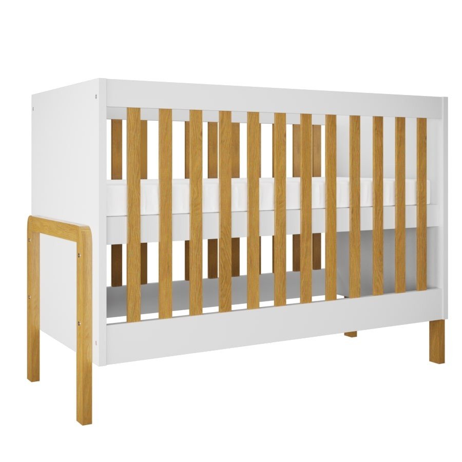 3. Studio shot of Victor baby crib with white and oak finish highlighting slat design