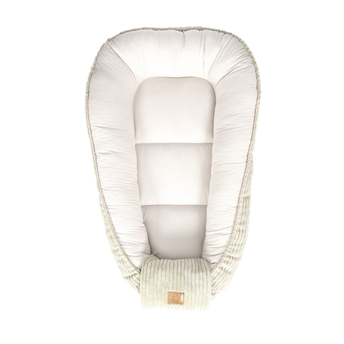 5. Ecru baby nest with cushioned interior, ribbed sides, and MeowBaby logo, shown from top view