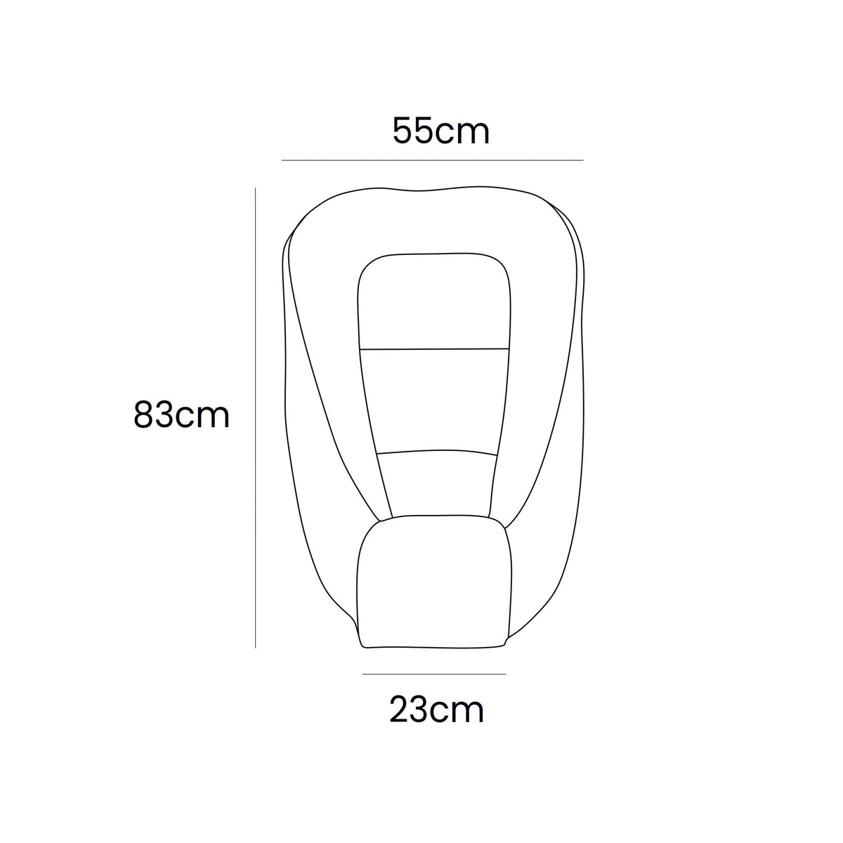 6. Size chart for MeowBaby baby nest showing dimensions 55 x 83 x 23 cm
