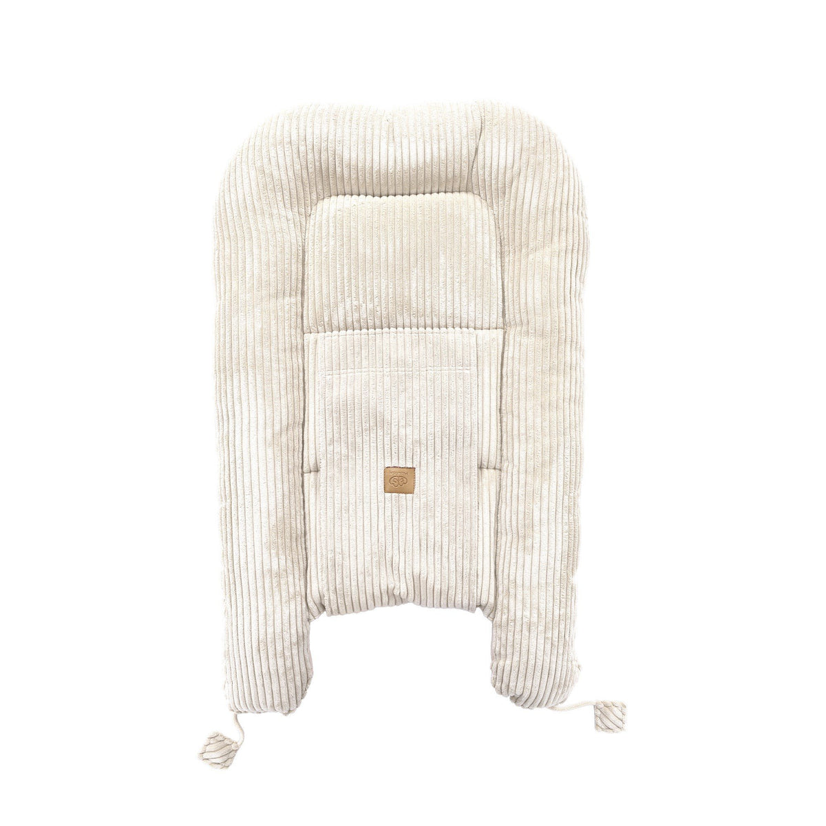 2. Ecru baby nest shown from top view, highlighting ribbed fabric and MeowBaby logo