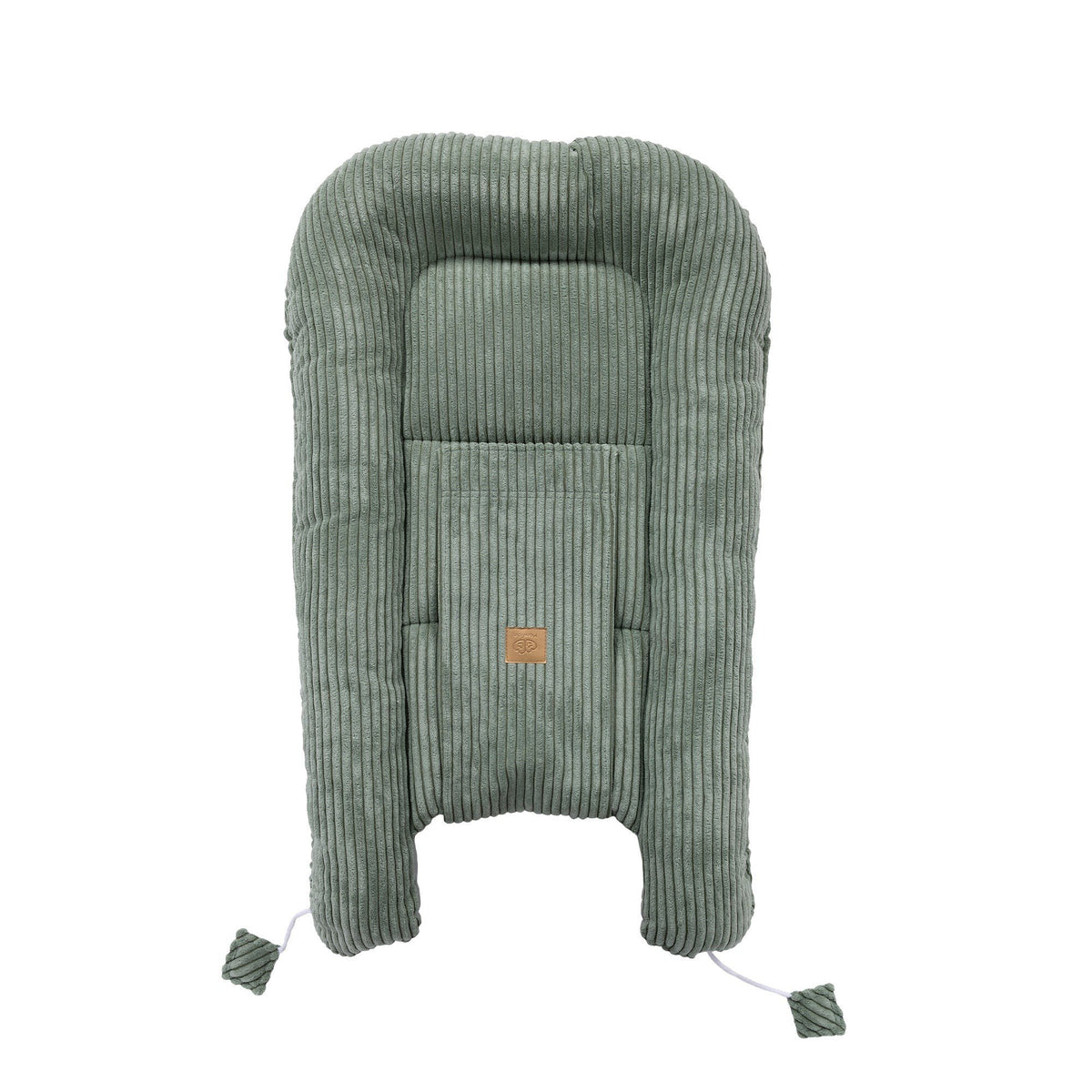 4. Flat lay of olive green baby nest with ribbed texture and MeowBaby logo