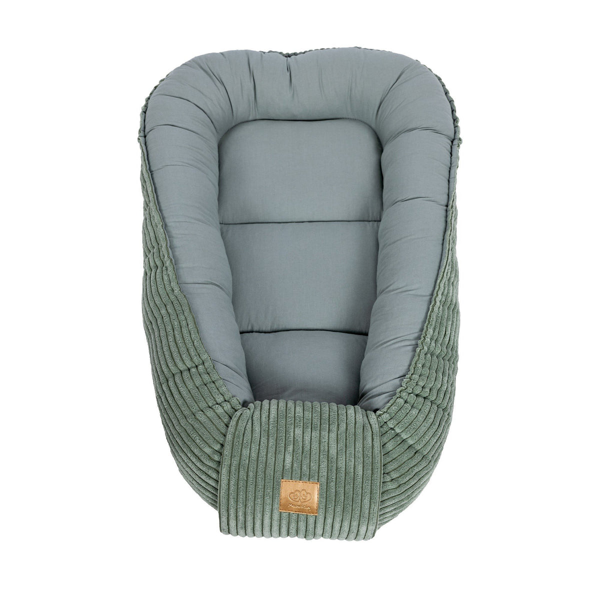 2. Olive green baby nest with ribbed fabric and cushioned interior, shown from top view