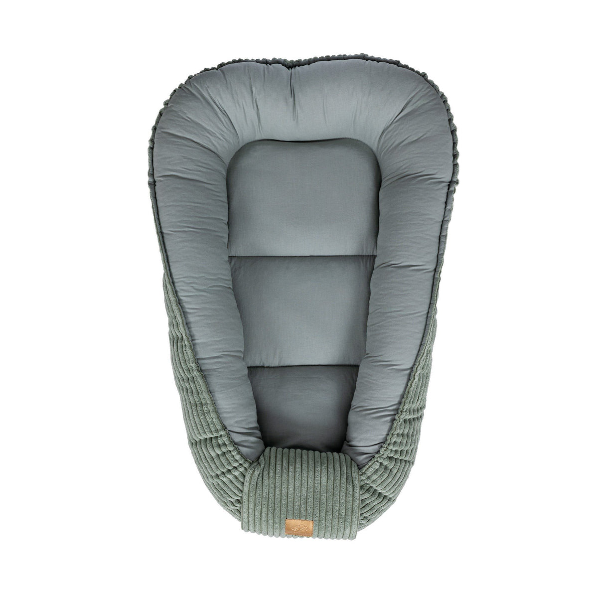 2. Olive green baby nest with soft interior and ribbed exterior, shown from above