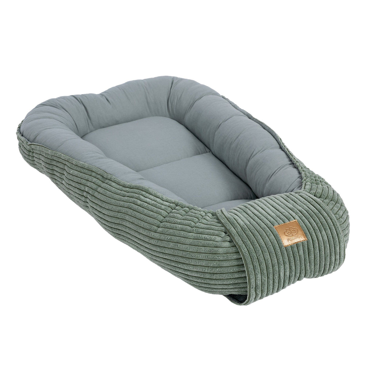 1. Olive green baby nest with cushioned sides and soft fabric, featuring MeowBaby logo, shown in a studio setting