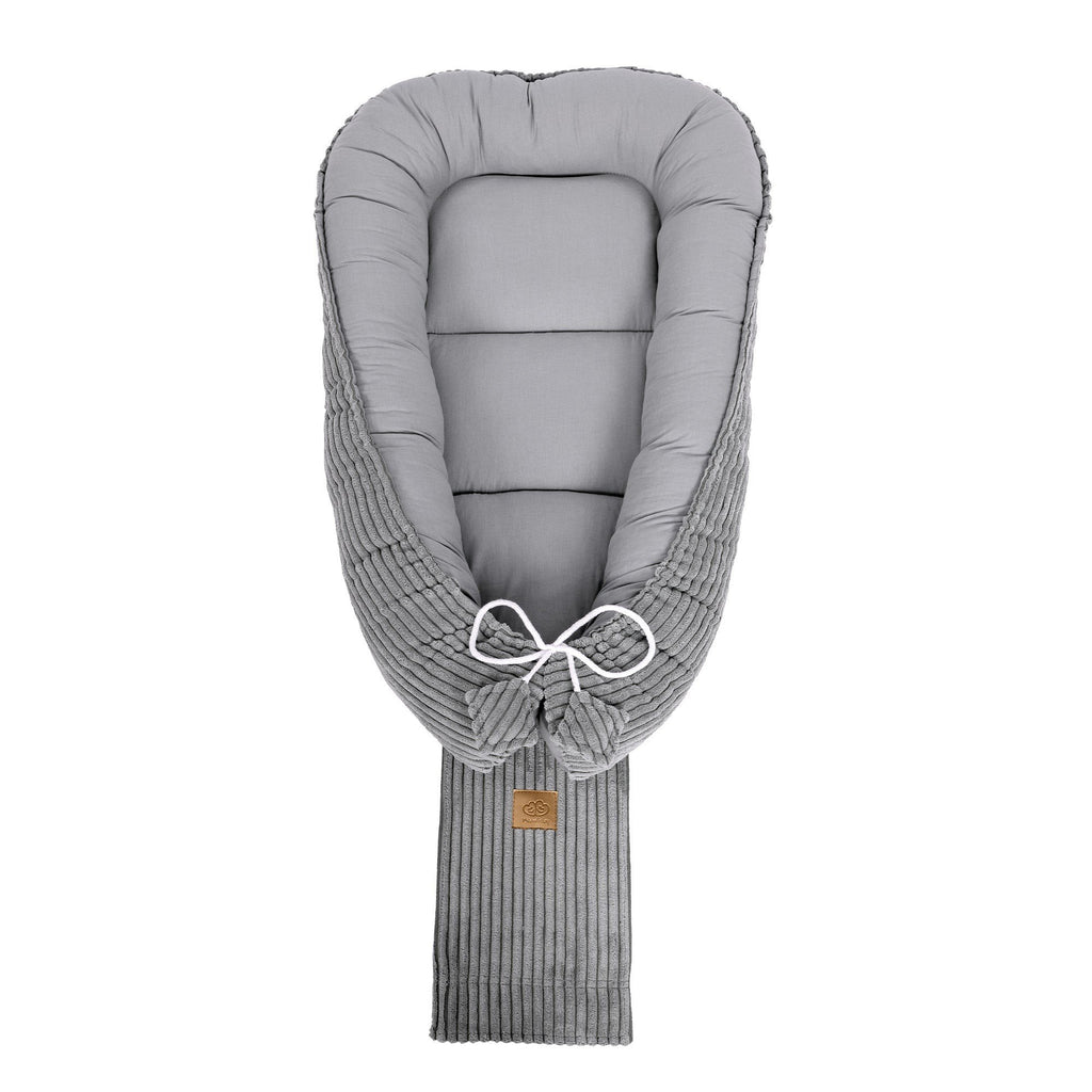 3. Grey MeowBaby baby nest with tied ends and ribbed texture, shown from top