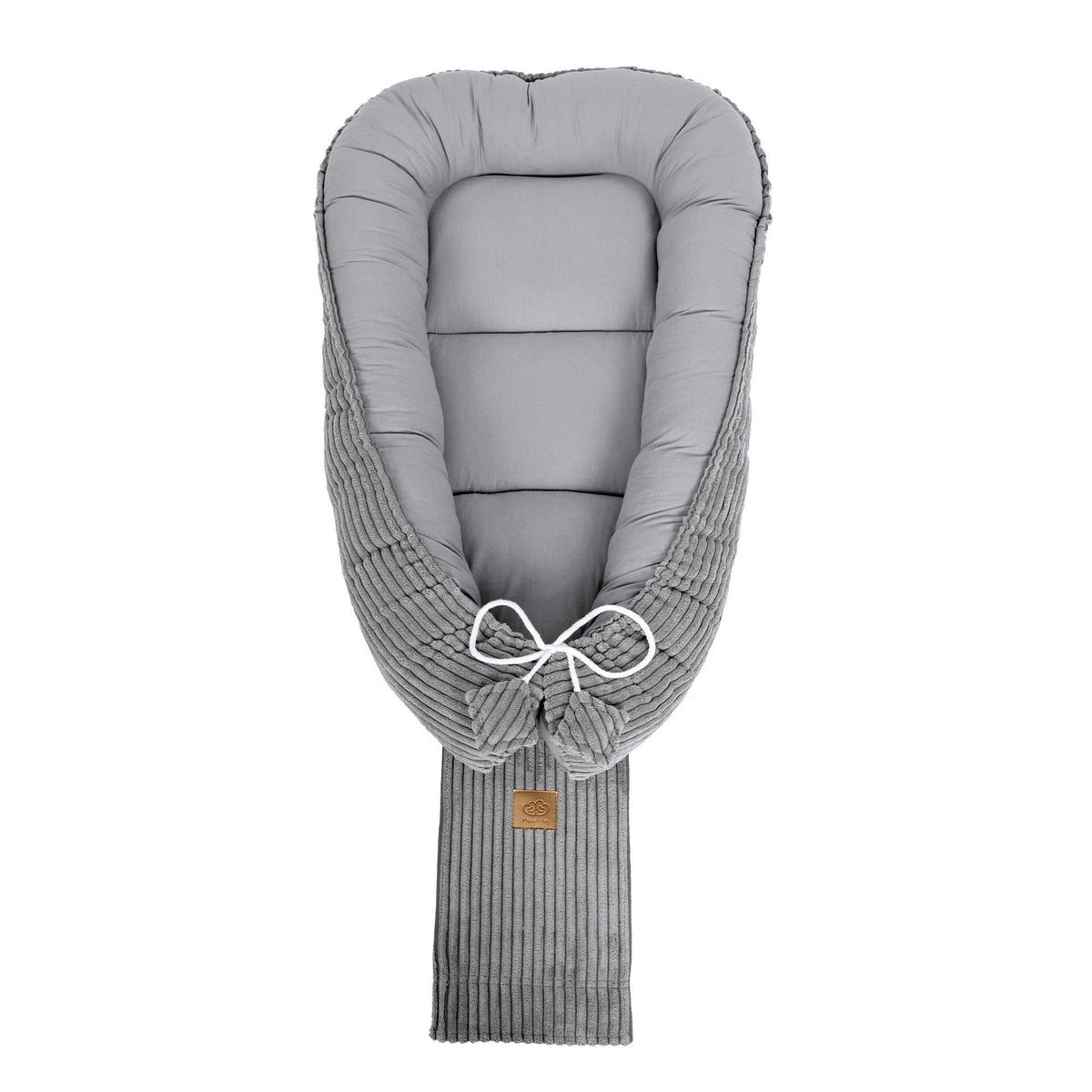 3. Grey MeowBaby baby nest with tied ends and ribbed texture, shown from top