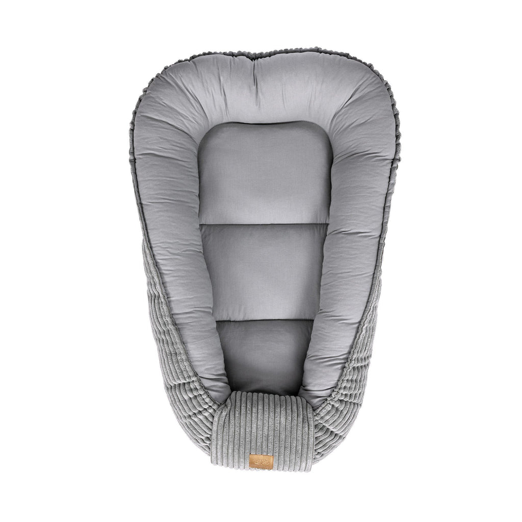 7. Grey MeowBaby baby nest with ribbed fabric and cushioned sides, shown from top
