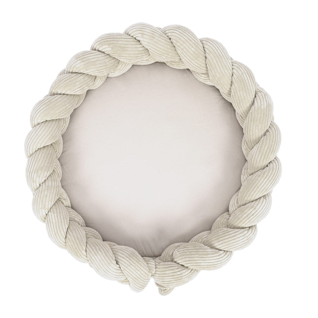 1. Ecru baby nest and play mat with braided crib bumper in ribbed corduroy and cotton, shown from top view