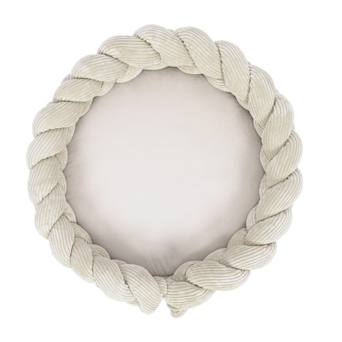 1. Ecru baby nest and play mat with braided crib bumper in ribbed corduroy and cotton, shown from top view