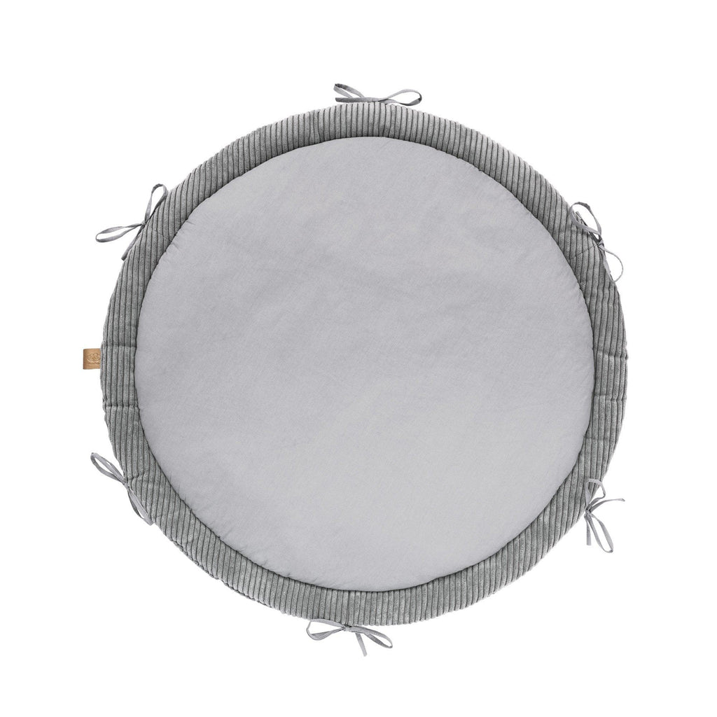 5. Flat lay of grey baby play mat by MeowBaby, showing circular design with ribbed corduroy and cotton materials
