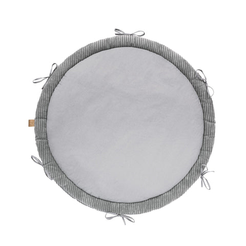 5. Flat lay of grey baby play mat by MeowBaby, showing circular design with ribbed corduroy and cotton materials