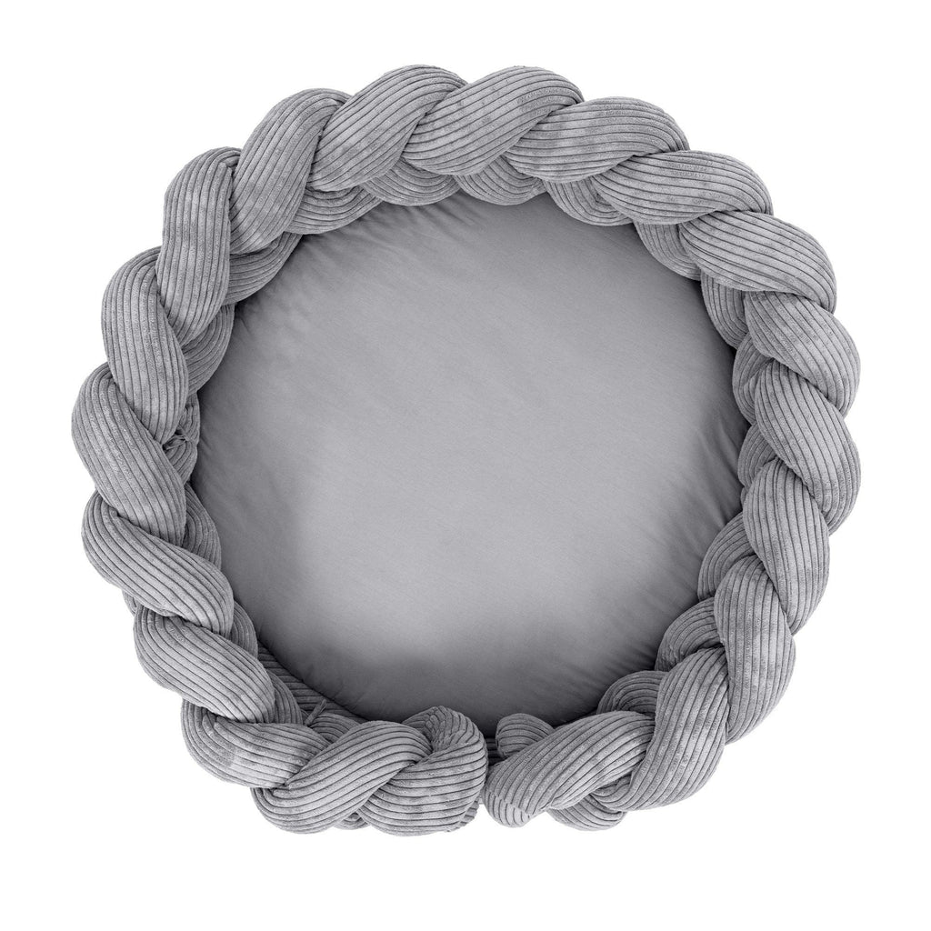 4. Studio shot of grey braided baby nest play mat by MeowBaby, showcasing circular design and soft corduroy material