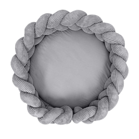 4. Studio shot of grey braided baby nest play mat by MeowBaby, showcasing circular design and soft corduroy material