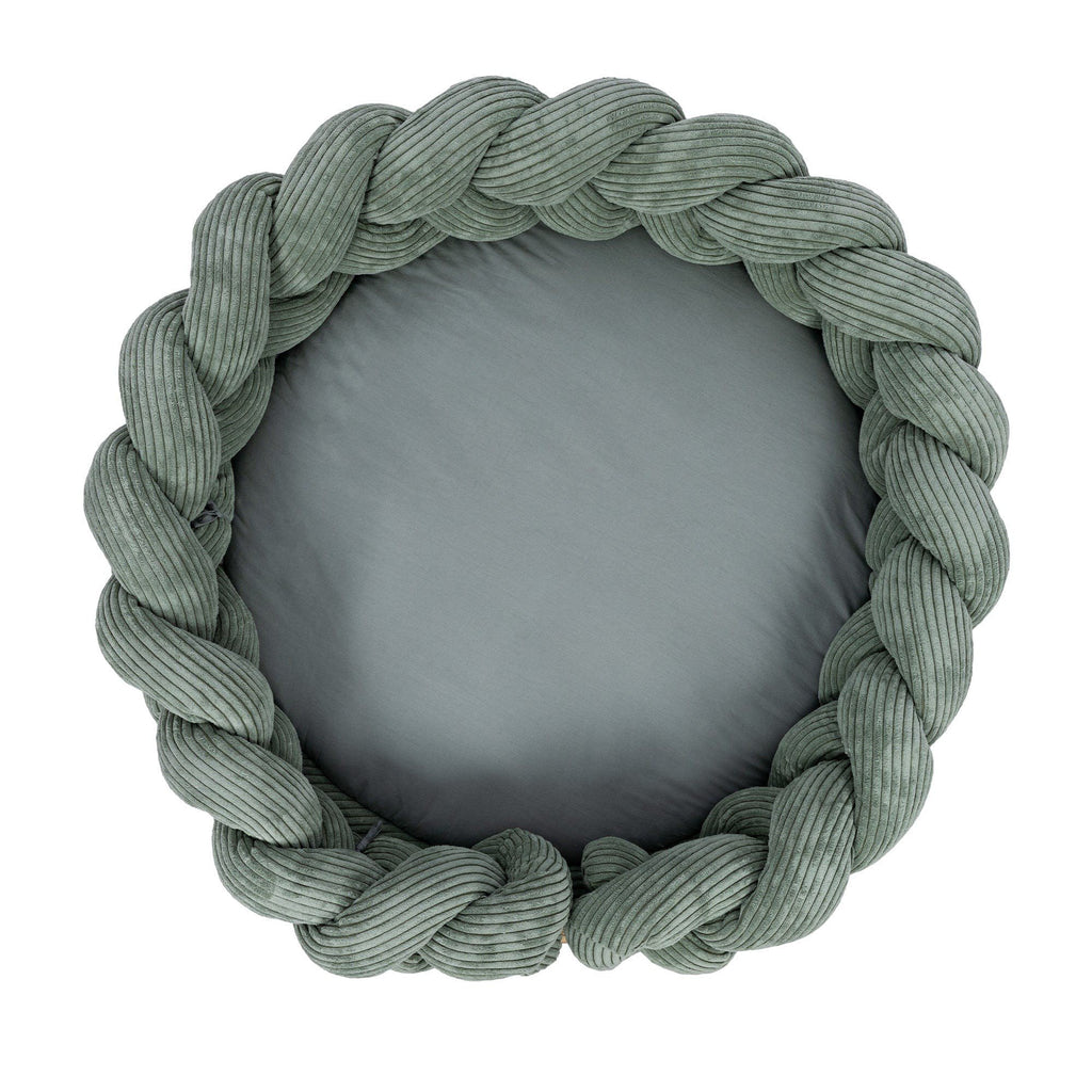1. Olive green baby nest with braided crib bumper in ribbed corduroy, top view