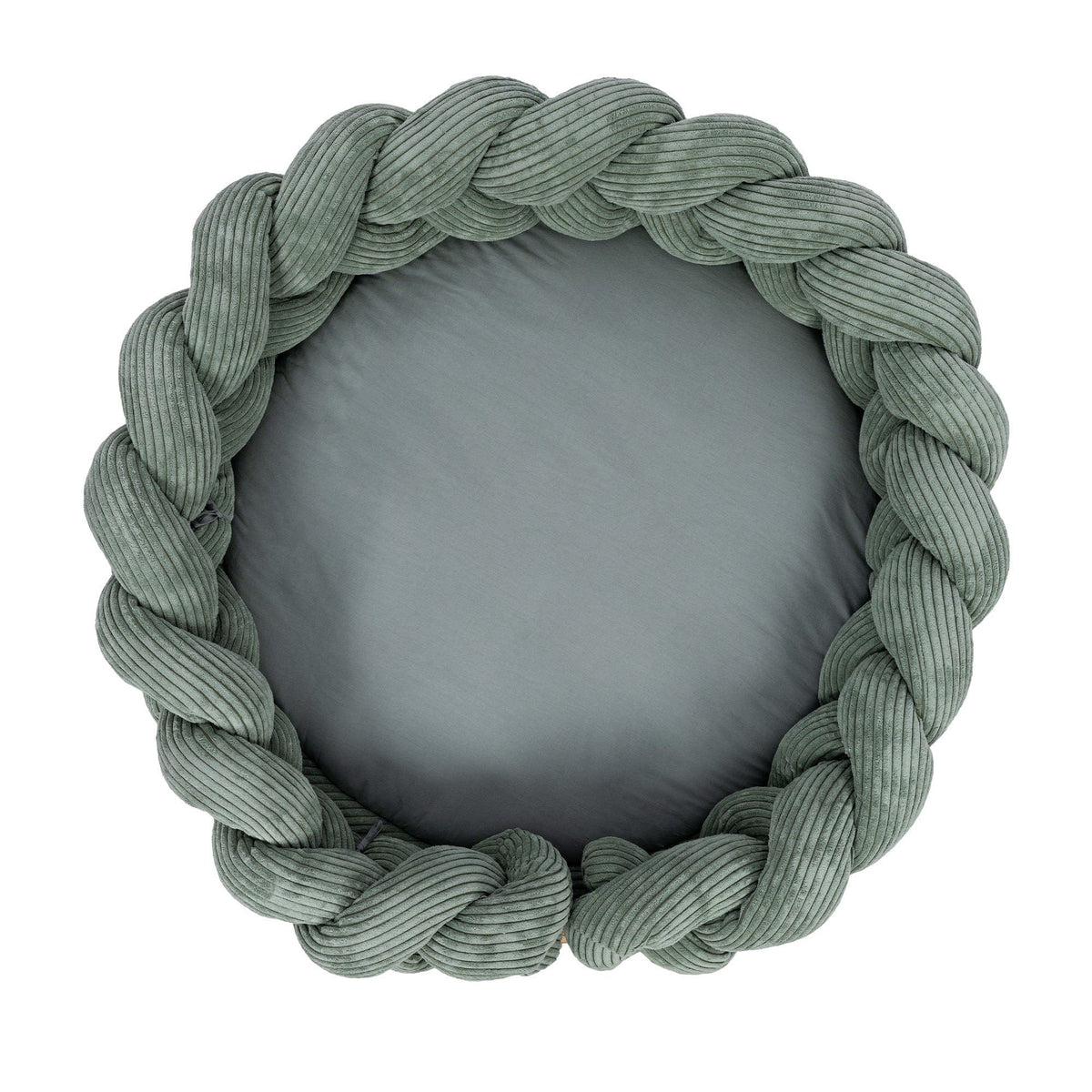 1. Olive green baby nest with braided crib bumper in ribbed corduroy, top view