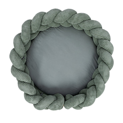 1. Olive green baby nest with braided crib bumper in ribbed corduroy, top view
