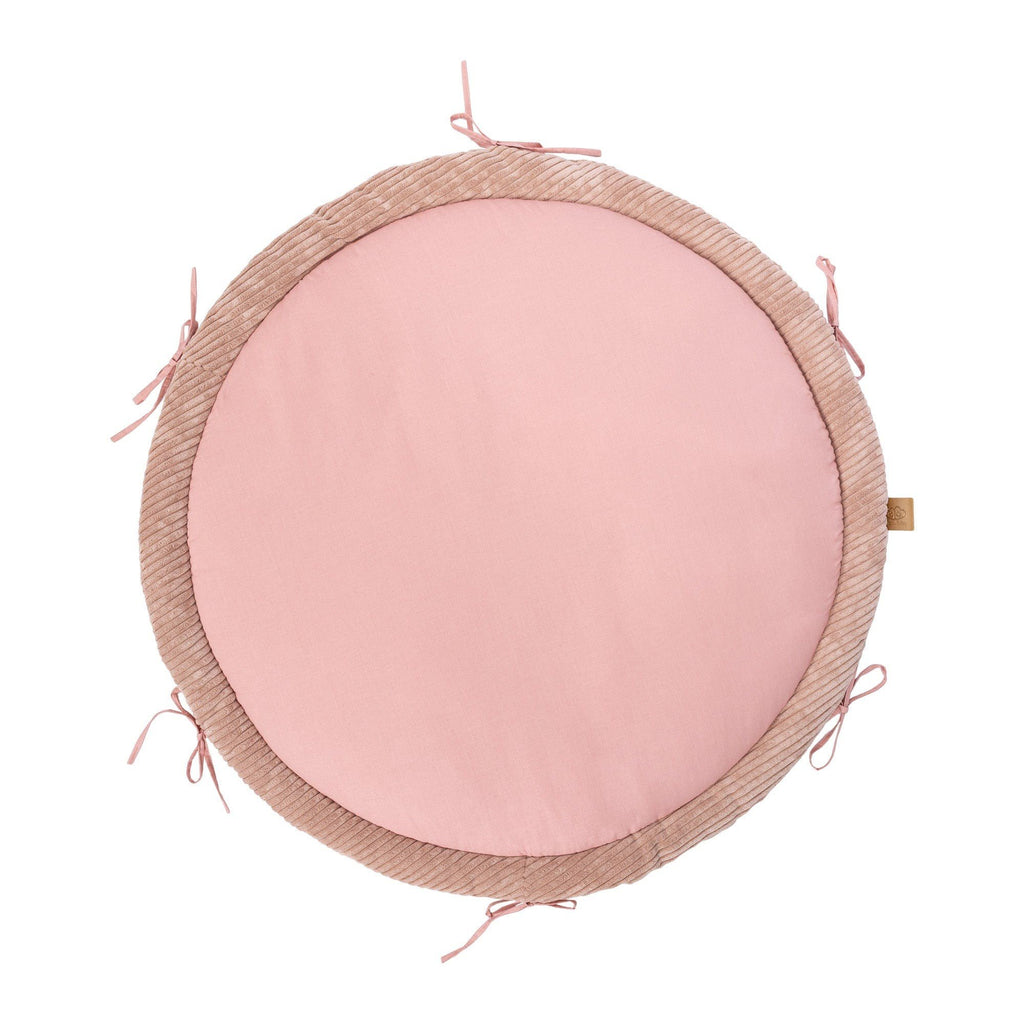 3. Powder pink baby play mat with ribbed corduroy border and tied edges, shown from top view