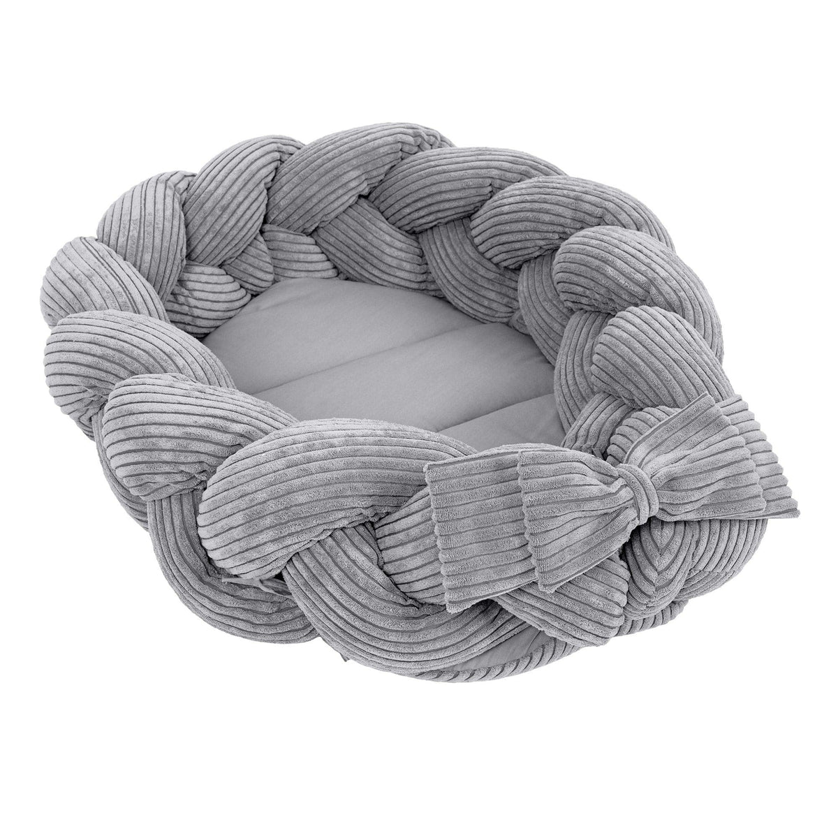 1. Grey baby nest with braided bumper in soft corduroy fabric, shown in a circular shape with a bow detail, ideal for newborns