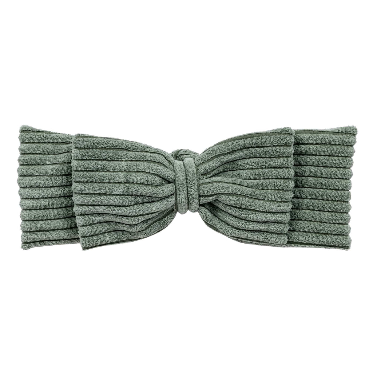 2. Close-up of olive green braided bumper bow made from textured corduroy fabric