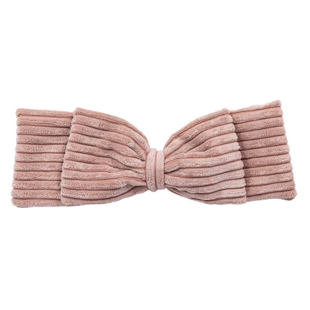 3. Close-up of powder pink corduroy bow from baby nest set