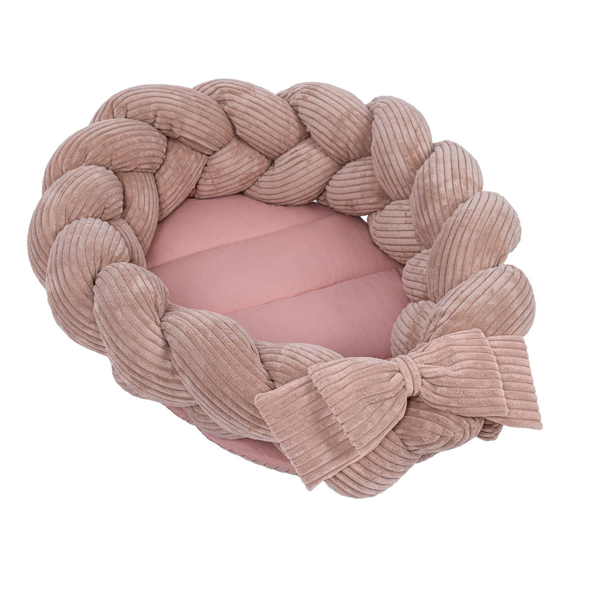 1. Powder pink baby nest with braided corduroy bumper and bow, ideal for newborns