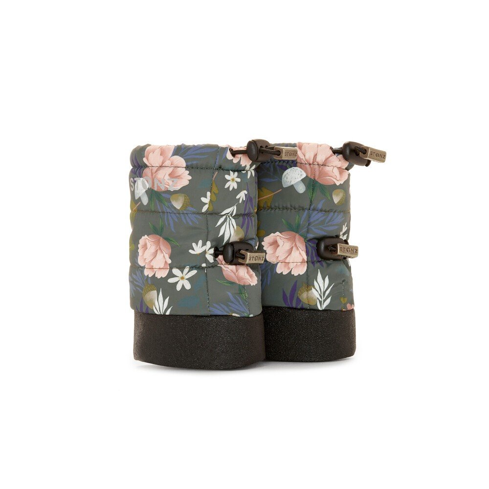 2. Floral print Stonz Puffer Booties with black soles and elastic straps in studio setting