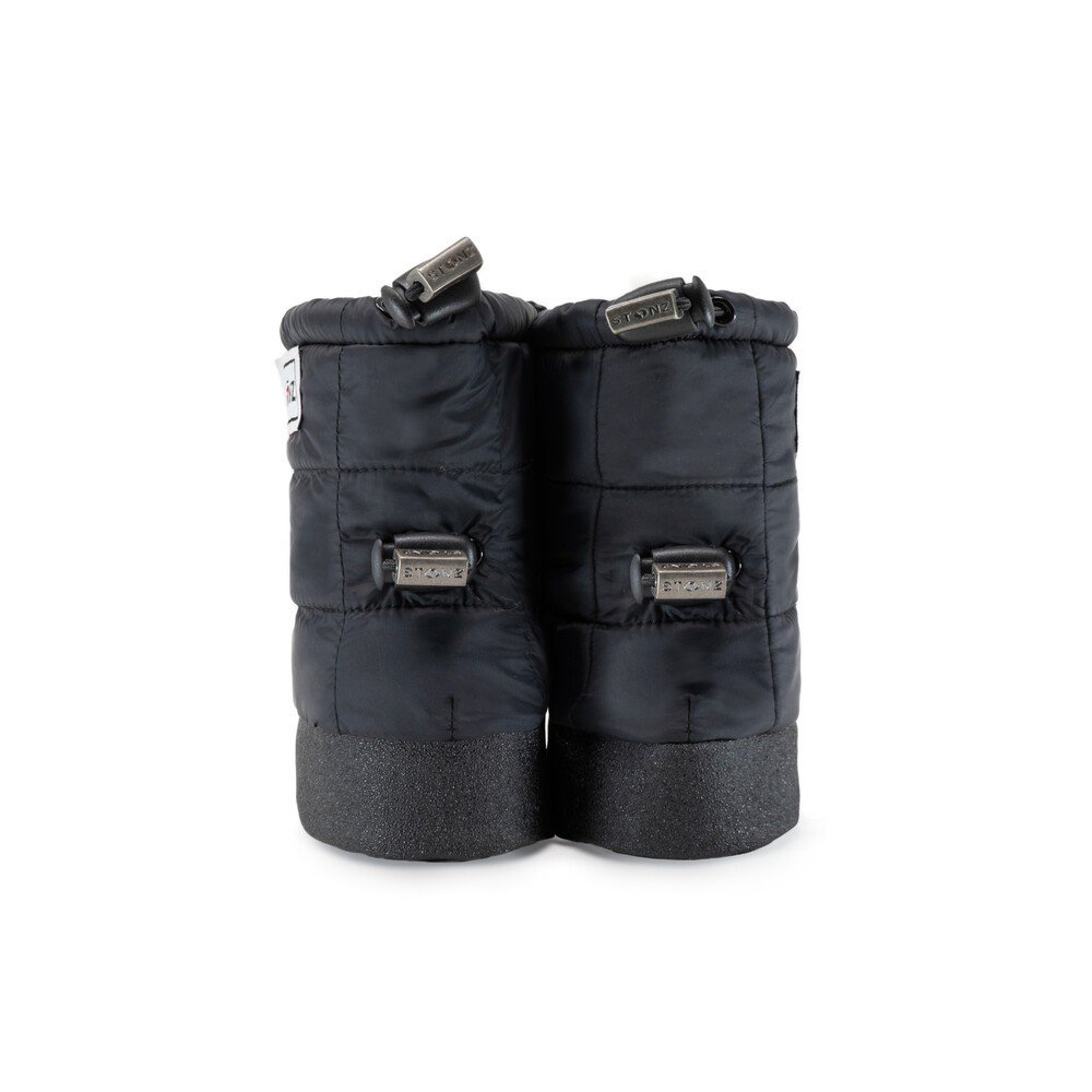 2. Black Stonz Puffer Booties with elastic straps and black soles in studio setting