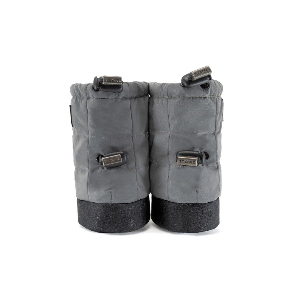 2. Grey Stonz Puffer Booties with black soles and elastic straps in studio setting