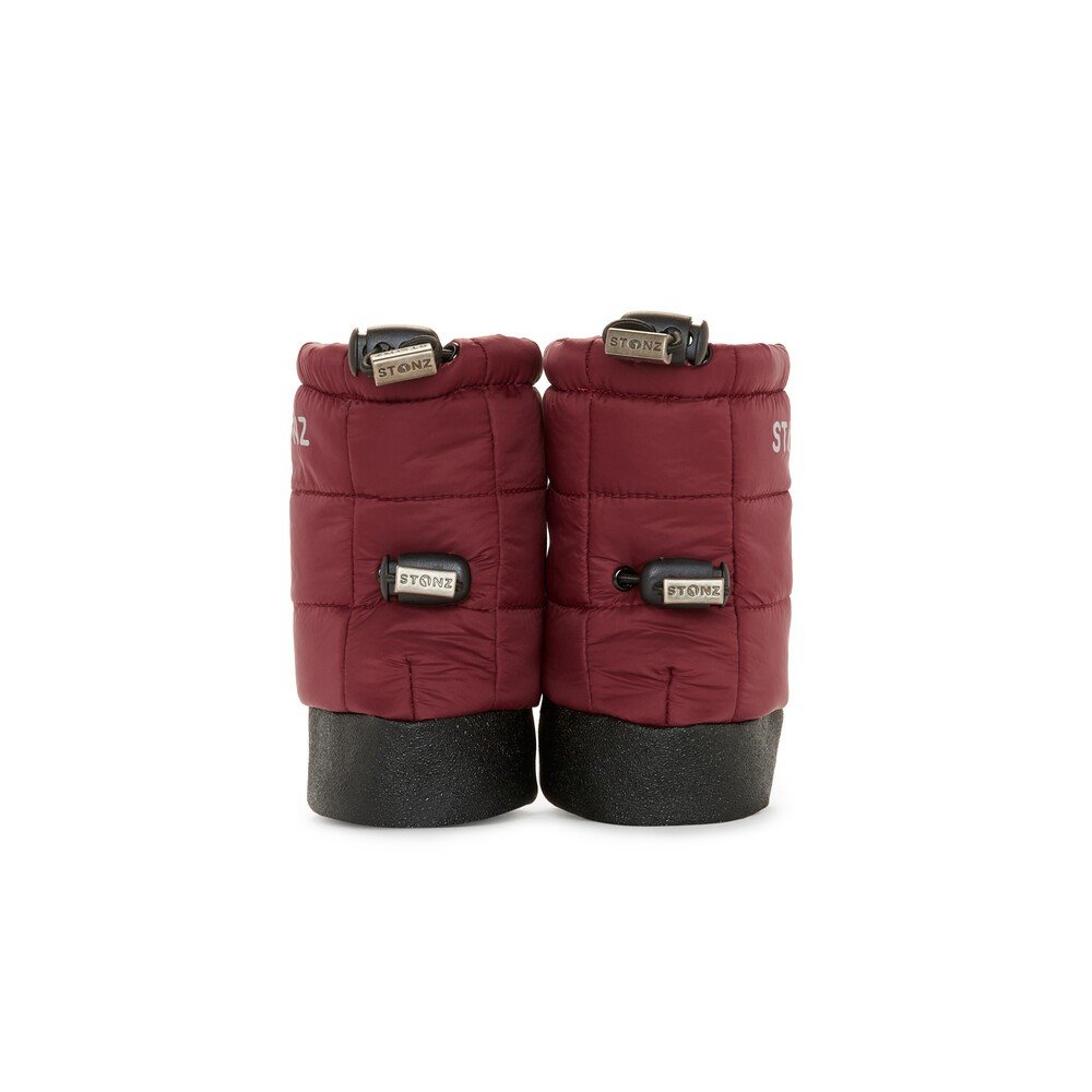 2. Burgundy Stonz Puffer Booties with black soles and elastic straps in studio setting