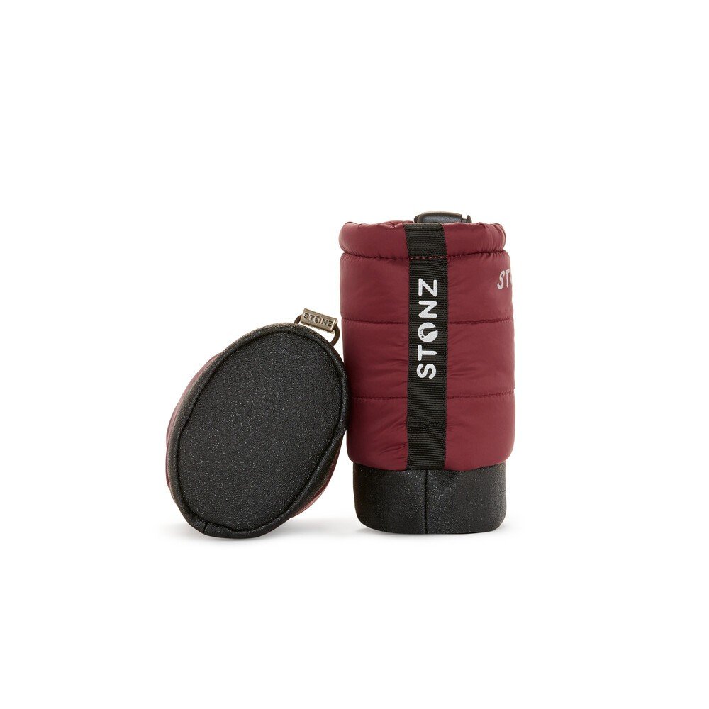 3. Burgundy Stonz Puffer Booties with black soles and logo patch shown from side